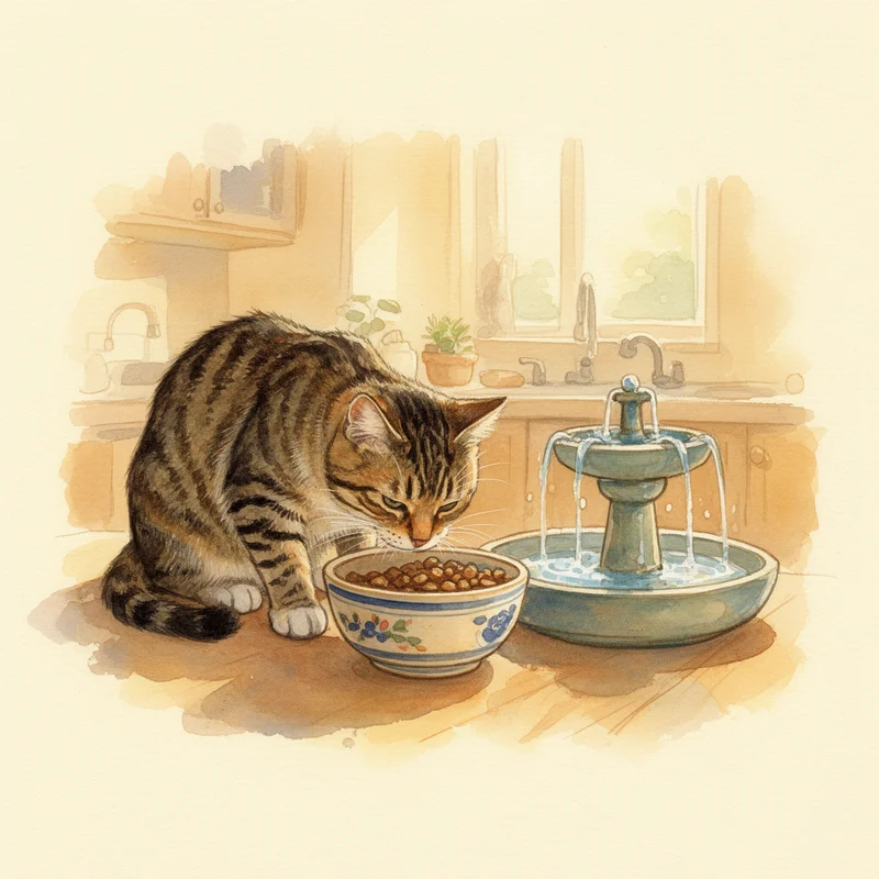 Кошка ест из миски рядом с фонтанчиком для воды